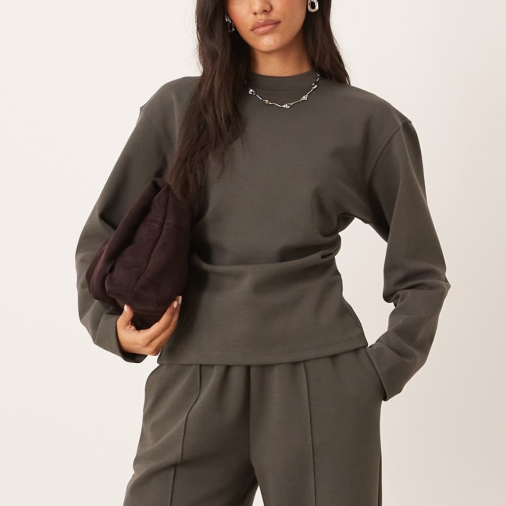 ASOS - top only charcoal gray ruched side peplum long sleeve cinched waist tee - Picture 3 of 6
